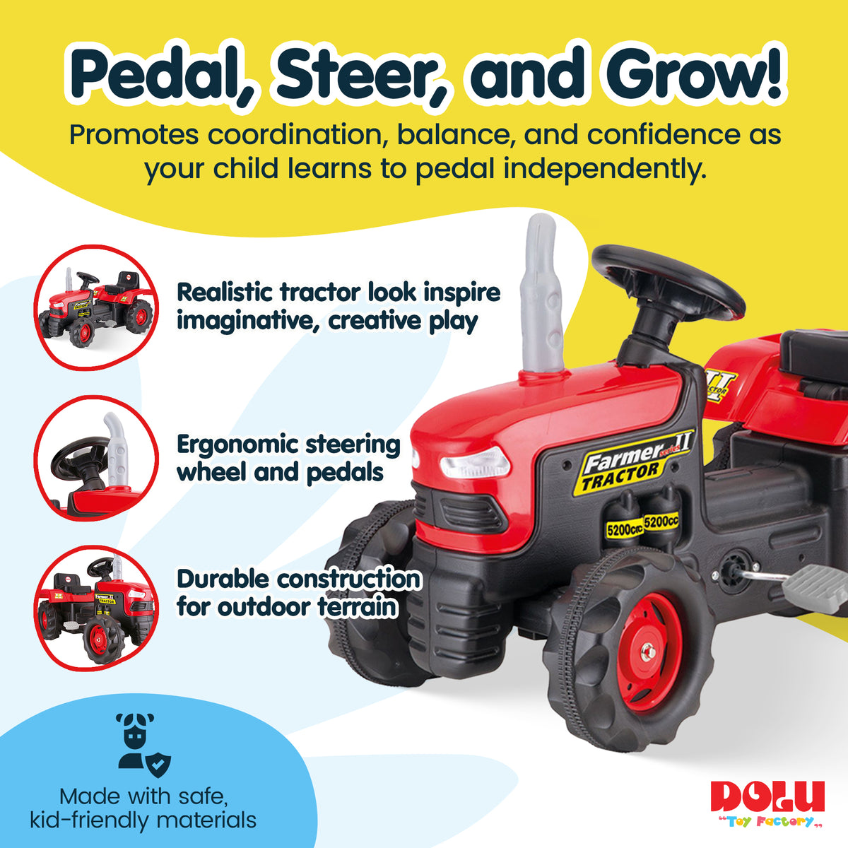 DOLU Pedal Tractor Ride On Toy, Durable Outdoor Car for Kids Ages 3, (Open Box)