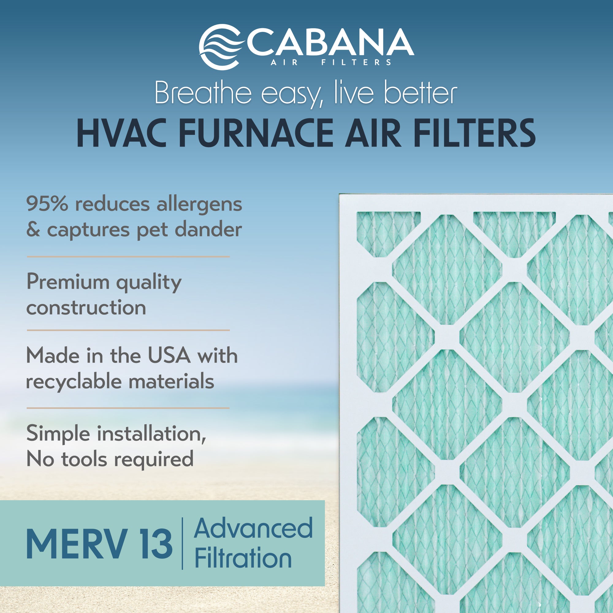 Cabana Air Filters 6 Pk HVAC Furnace Air Filters, MERV 13, 12 x 20 x1 (Open Box) - VMInnovations