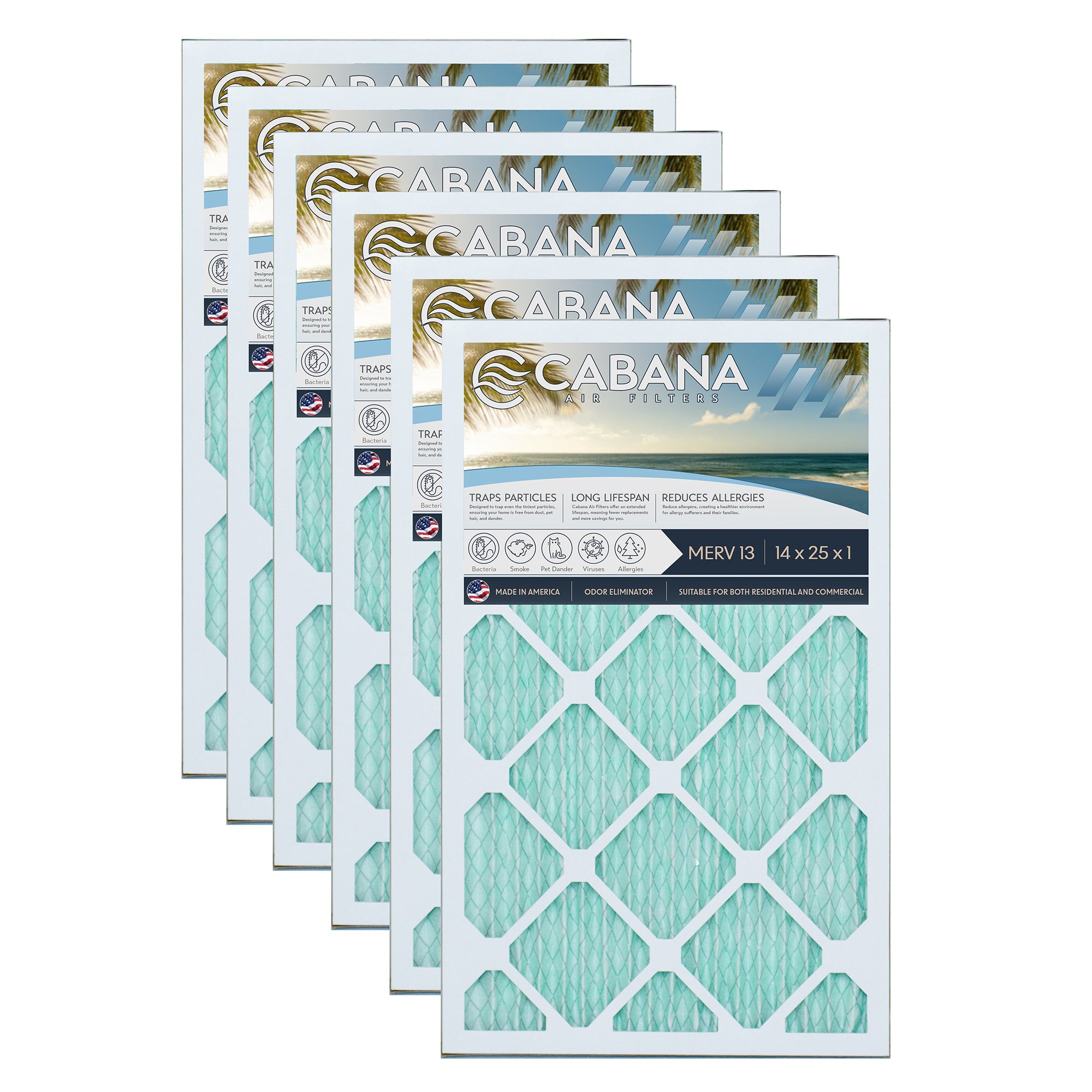 Cabana Air Filters 6 Pack HVAC Furnace Air Filters, MERV 13, 14 x 25 x 1, White - VMInnovations