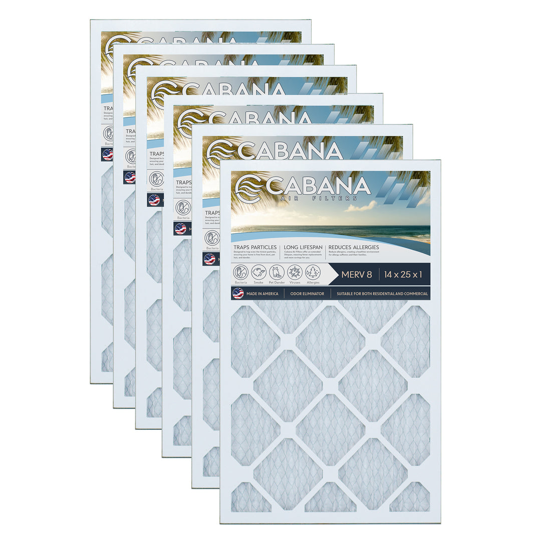 Cabana Air Filters 6 Pack HVAC Furnace Air Filters, MERV 8, 14 x 25 x 1, White - VMInnovations