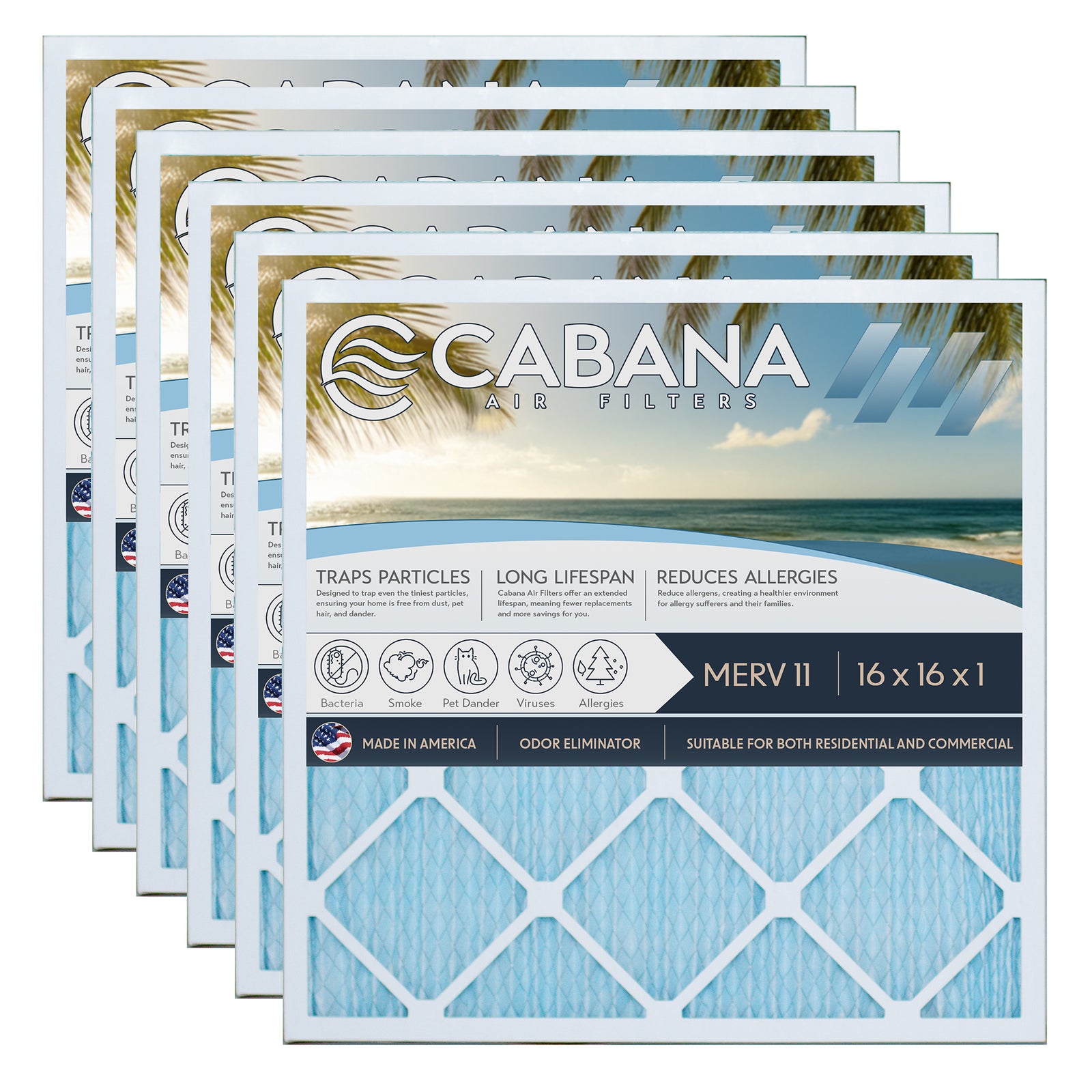 Cabana Air Filters 6 Pack HVAC Furnace Air Filters, MERV 11, 16 x 16 x 1, White - VMInnovations
