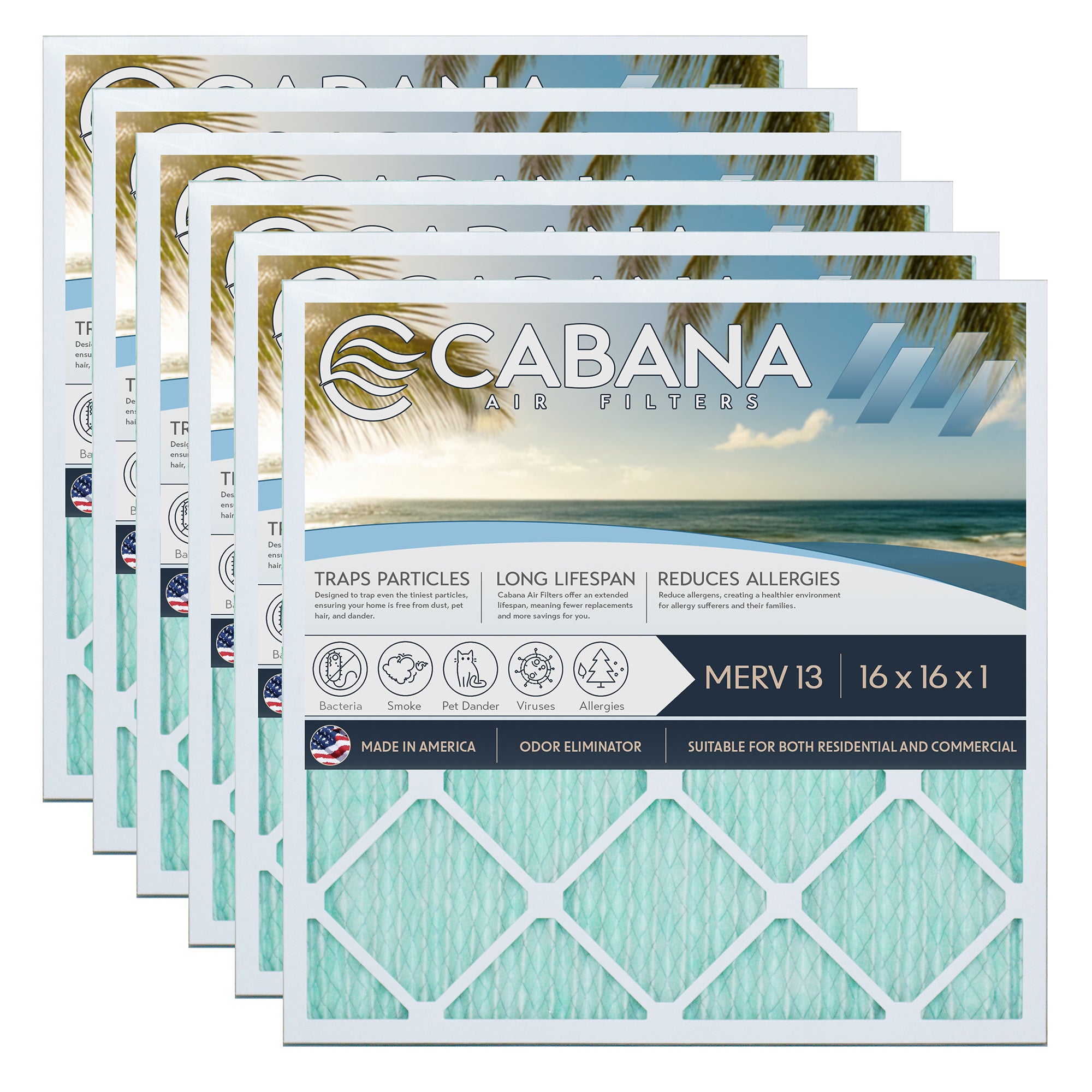 Cabana Air Filters 6 Pack HVAC Furnace Air Filters, MERV 13, 16 x 16 x 1, White