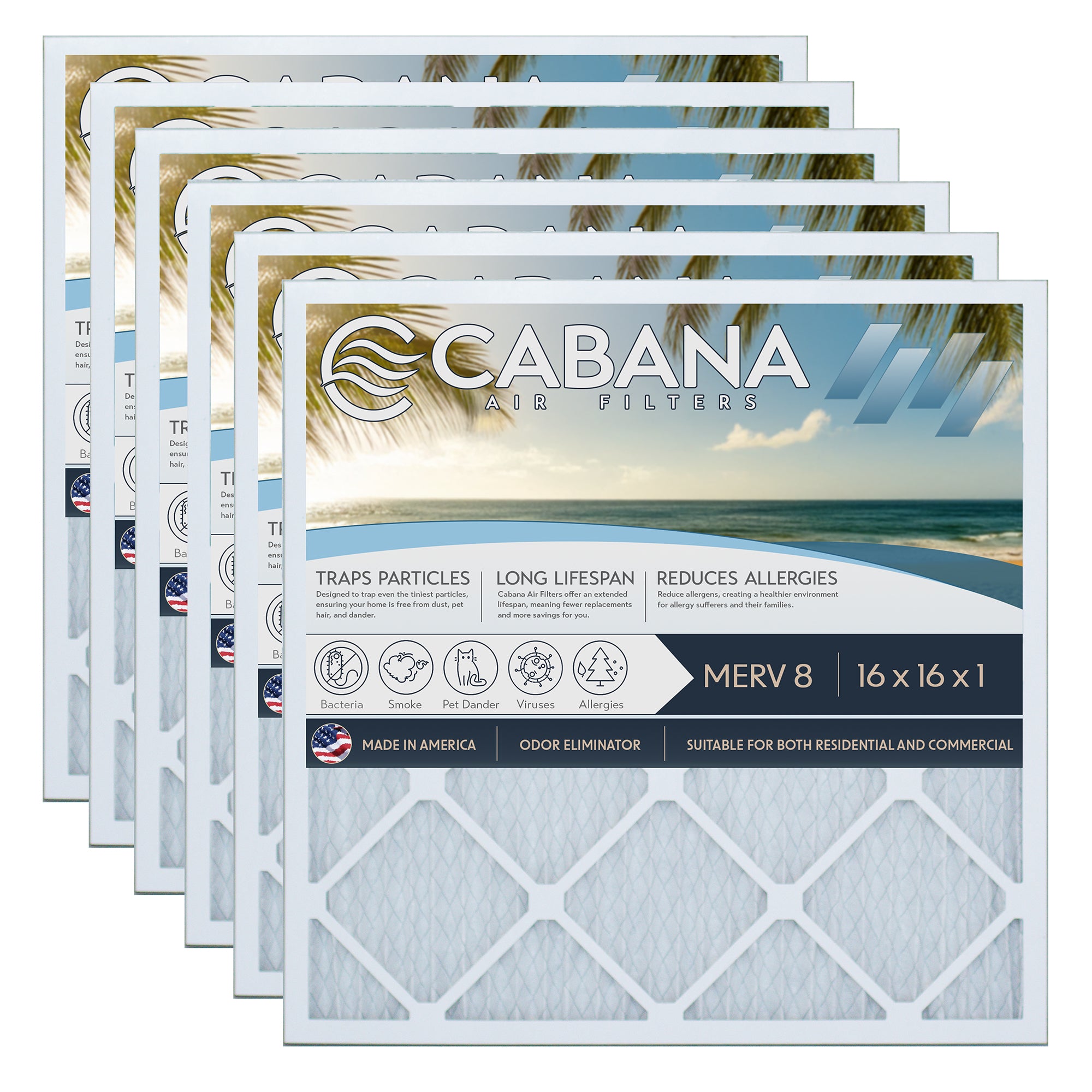 Cabana Air Filters 6 Pack HVAC Furnace Air Filters, MERV 8, 16 x 16 x 1, White - VMInnovations