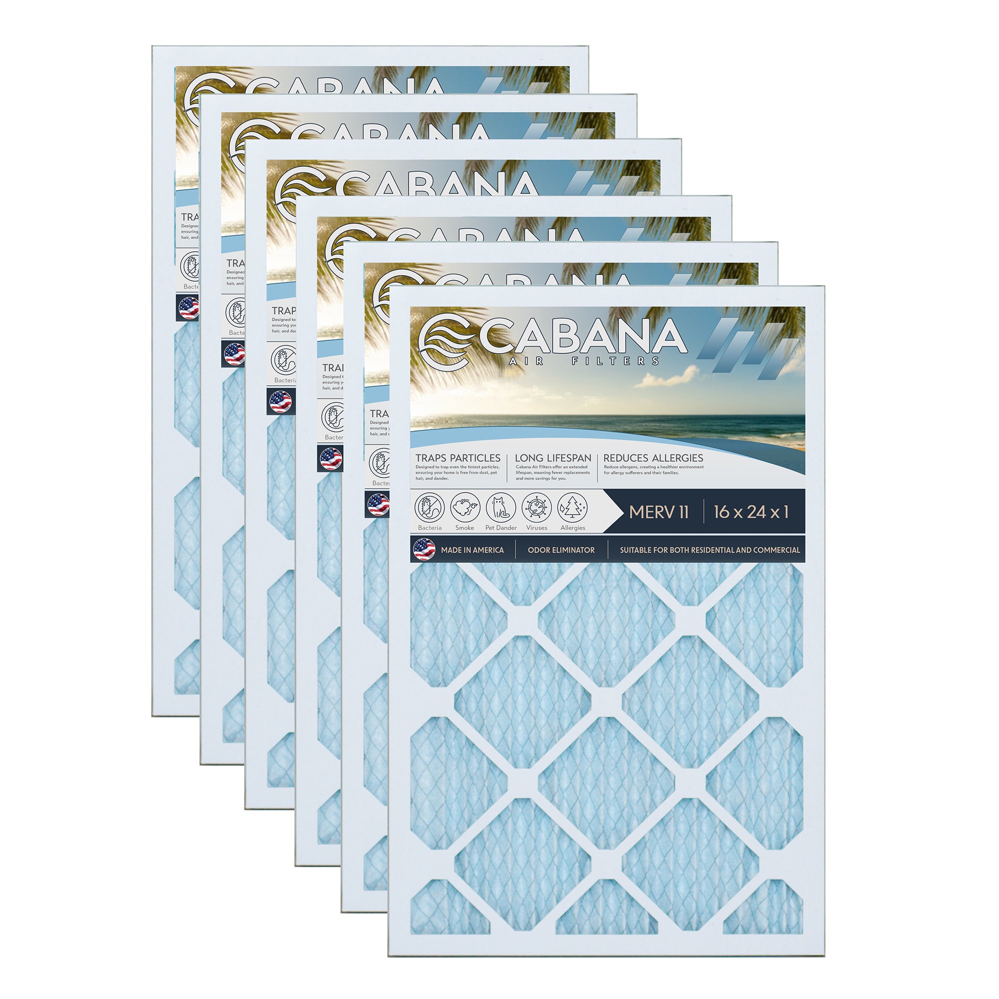 Cabana Air Filters 6 Pk HVAC Furnace Air Filters, MERV 11,16 x 24 x 1,(Open Box) - VMInnovations