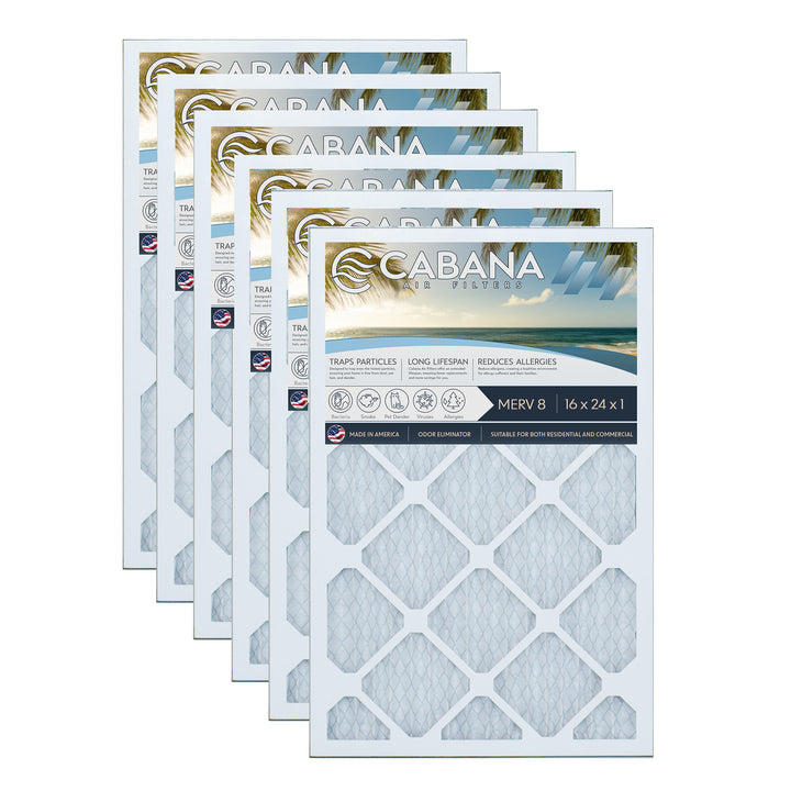 Cabana Air Filters 6 Pack HVAC Furnace Air Filters, MERV 8, 16 x 24 x 1, White - VMInnovations