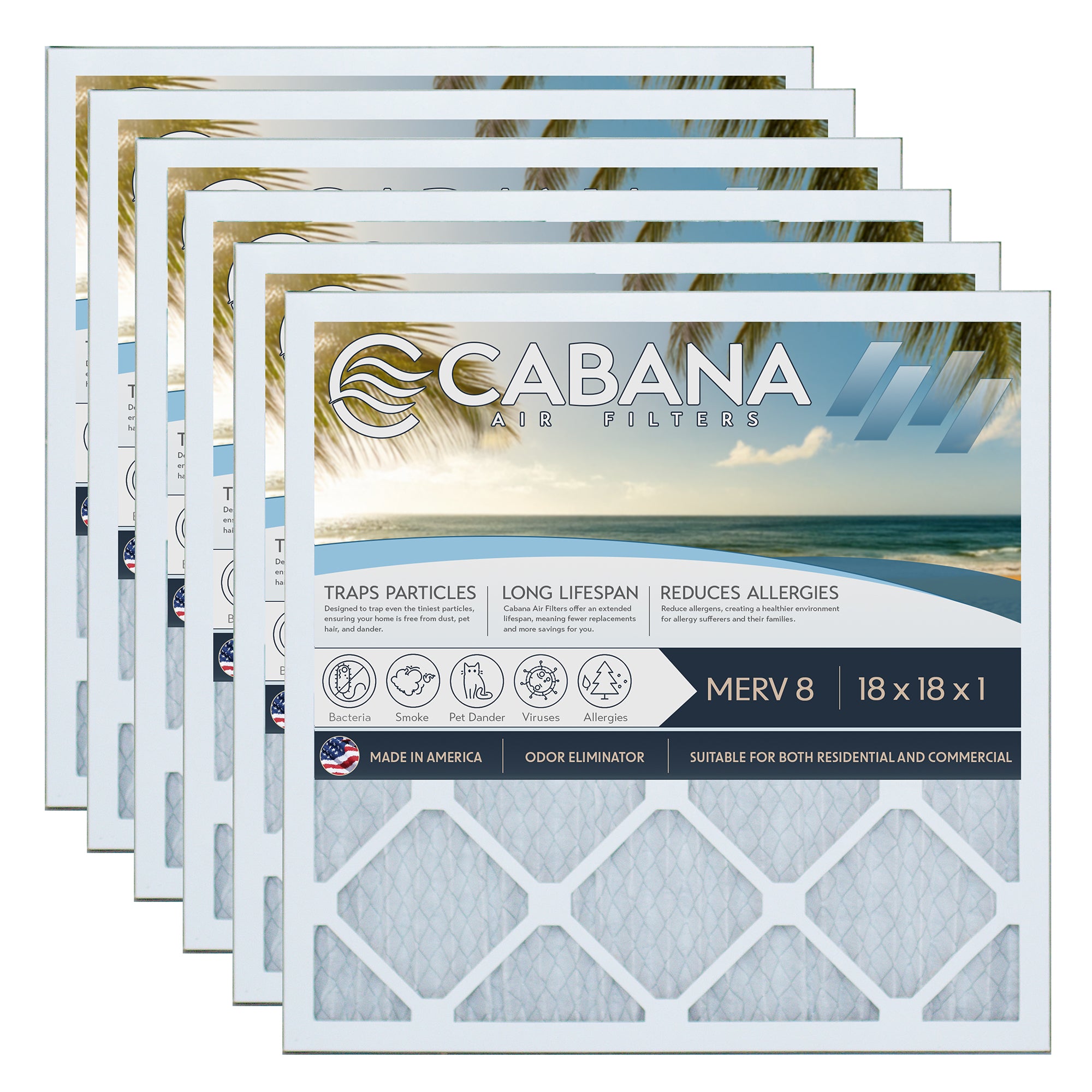 Cabana Air Filters 6 Pack HVAC Furnace Air Filters, MERV 8, 18 x 18 x 1, White - VMInnovations