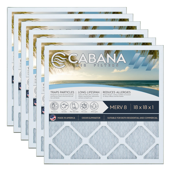 Cabana Air Filters 6 Pack HVAC Furnace Air Filters, MERV 8, 18 x 18 x 1, White - VMInnovations