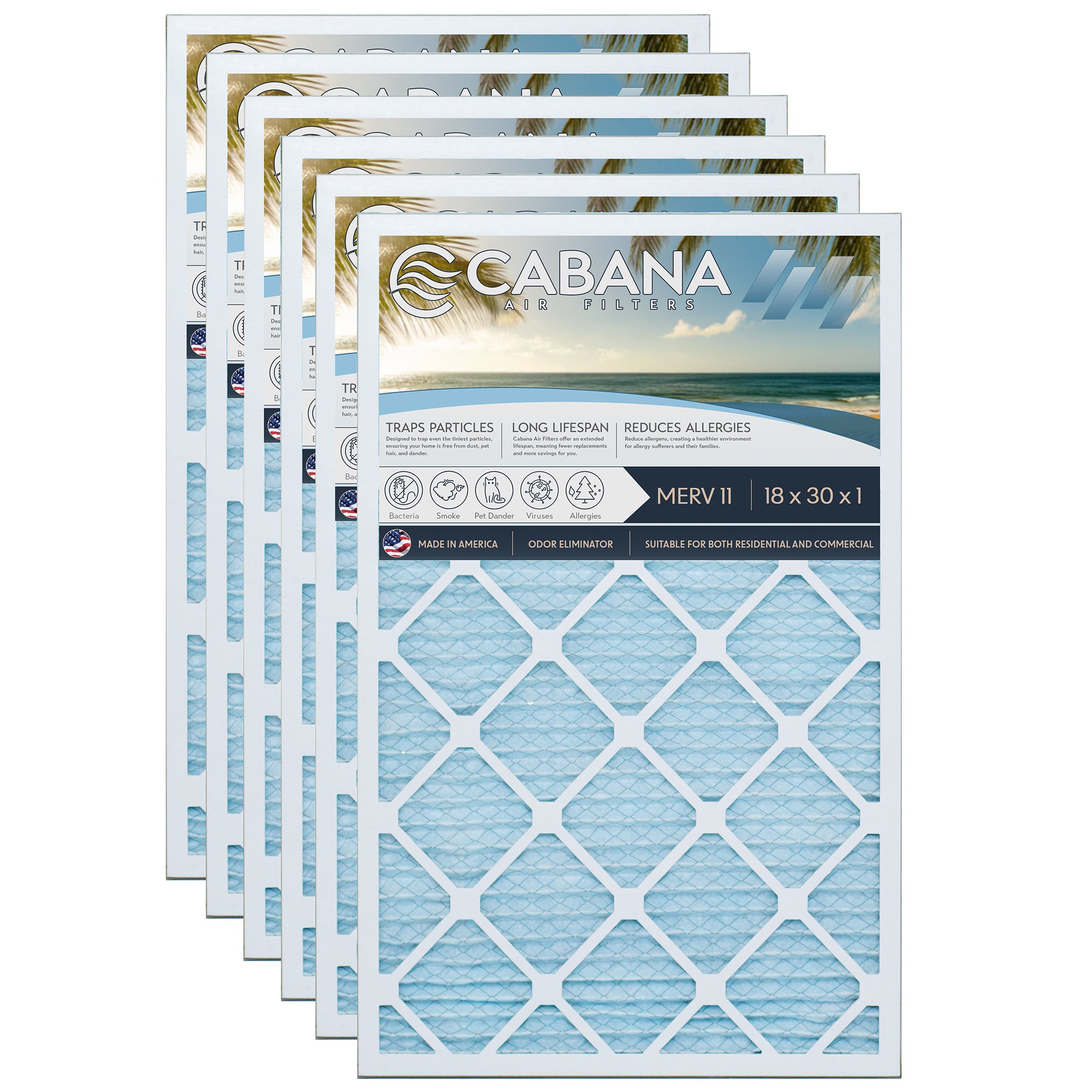 Cabana Air Filters 6 Pack HVAC Furnace Filters, MERV 11, 18 x 30 x 1 (Open Box)
