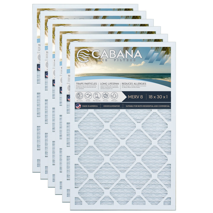 Cabana Air Filters 6 Pack HVAC Furnace Air Filters, MERV 8, 18 x 30 x 1, White - VMInnovations