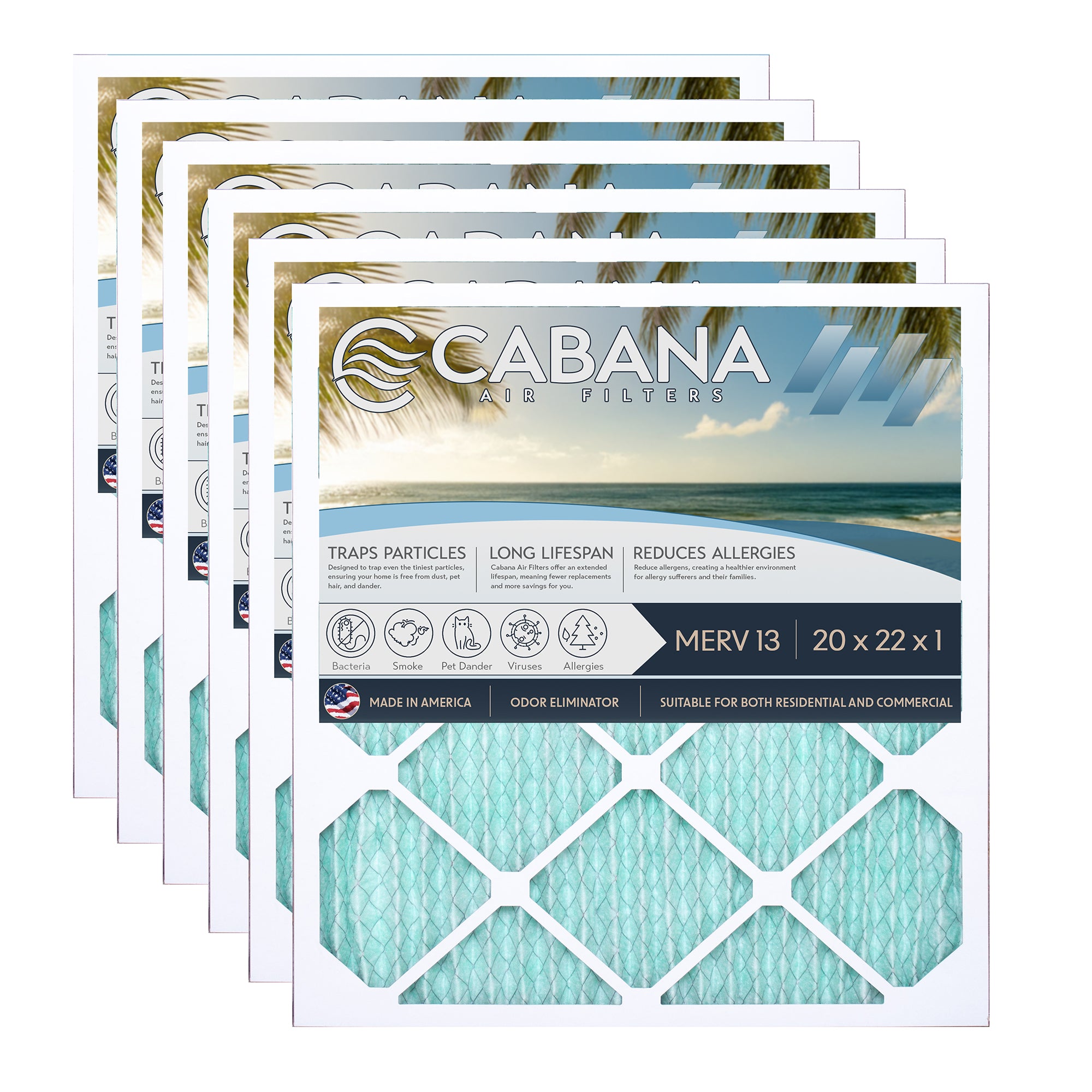 Cabana Air Filters 6pk HVAC Furnace Air Filters, MERV 13, 20 x 22 x 1 (Open Box)