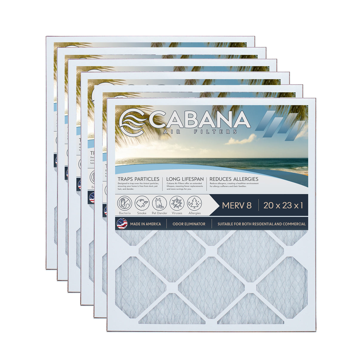 Cabana Air Filters 6 pk HVAC Furnace Air Filters, MERV 8, 20 x 23 x 1(Open Box)
