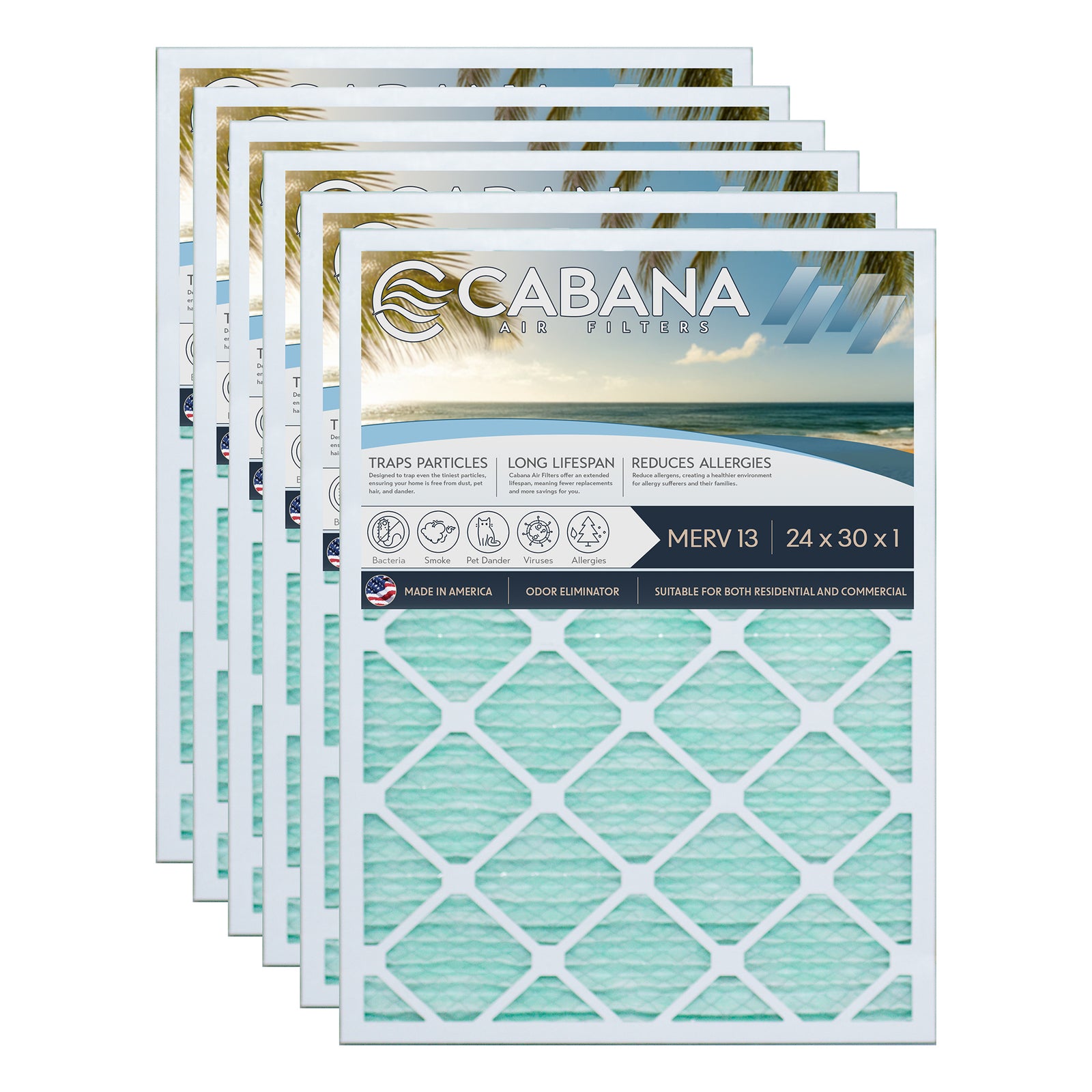 Cabana Air Filters 6 Pack HVBAC Furnace Air Filters, MERV 13, 24 x 30 x 1, White - VMInnovations