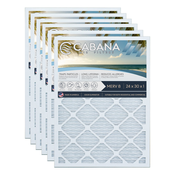 Cabana Air Filters 6 Pack HVAC Furnace Air Filters, MERV 8, 24 x 30 x 1, White - VMInnovations