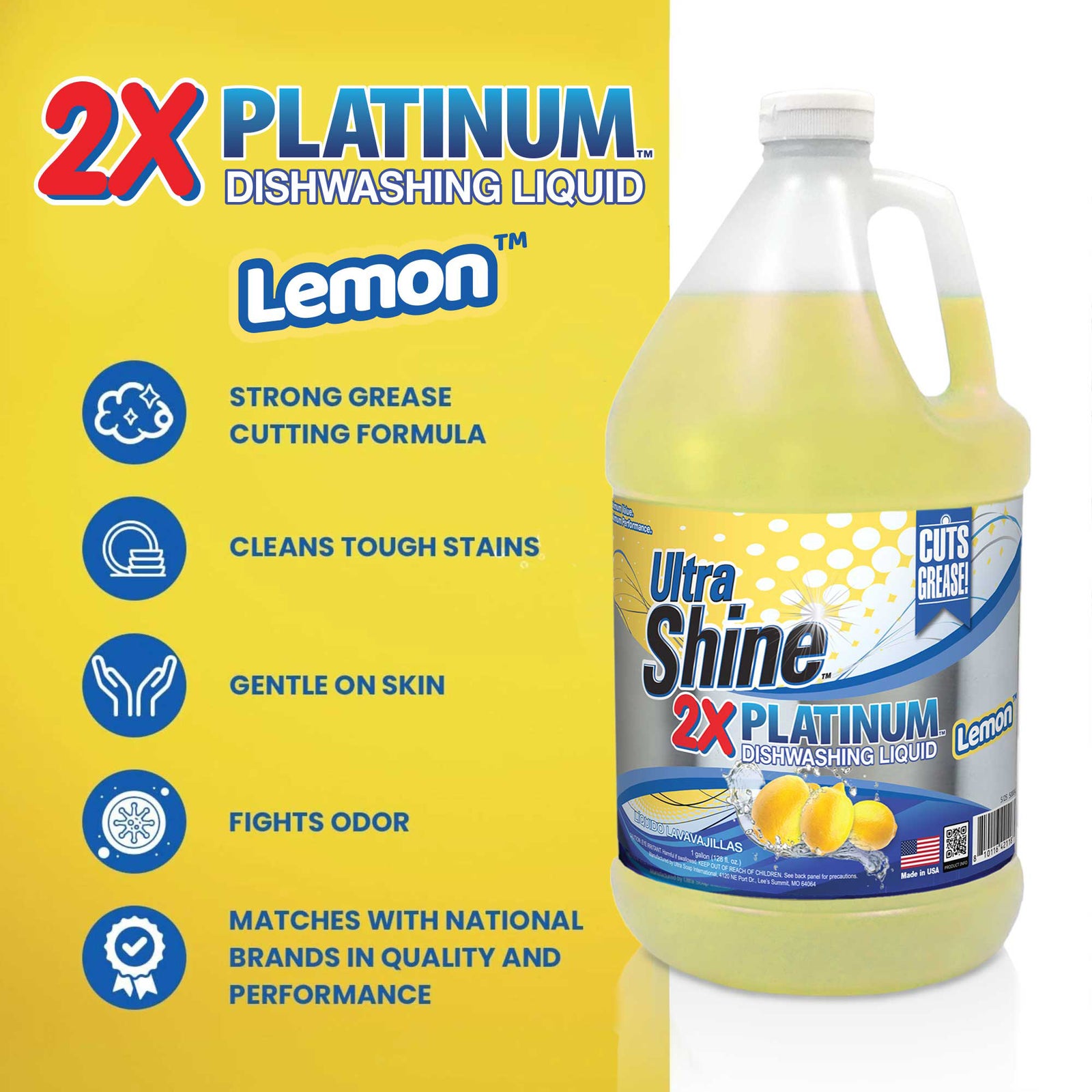 Ultra Shine ™ 4 Pack 2X Platinum™ Dish Cleaning Liquid, Lemon, 1 Gallon, Yellow - VMInnovations