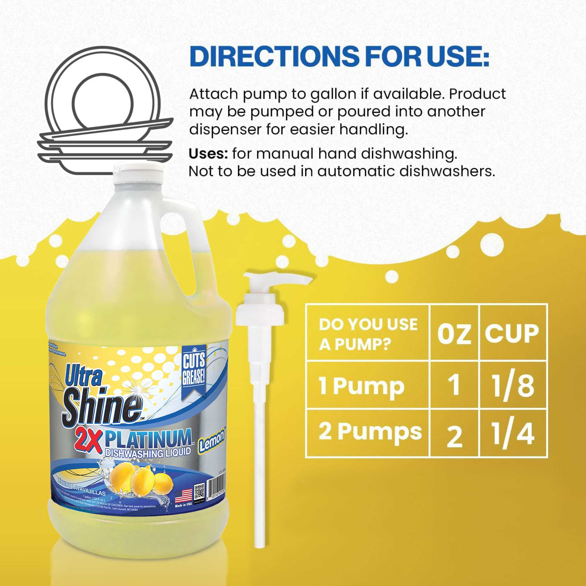 Ultra Shine ™ 4 Pack 2X Platinum™ Dish Cleaning Liquid, Lemon, 1 Gallon, Yellow - VMInnovations