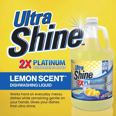 Ultra Shine ™ 4 Pack 2X Platinum™ Dish Cleaning Liquid, Lemon, 1 Gallon, Yellow - VMInnovations