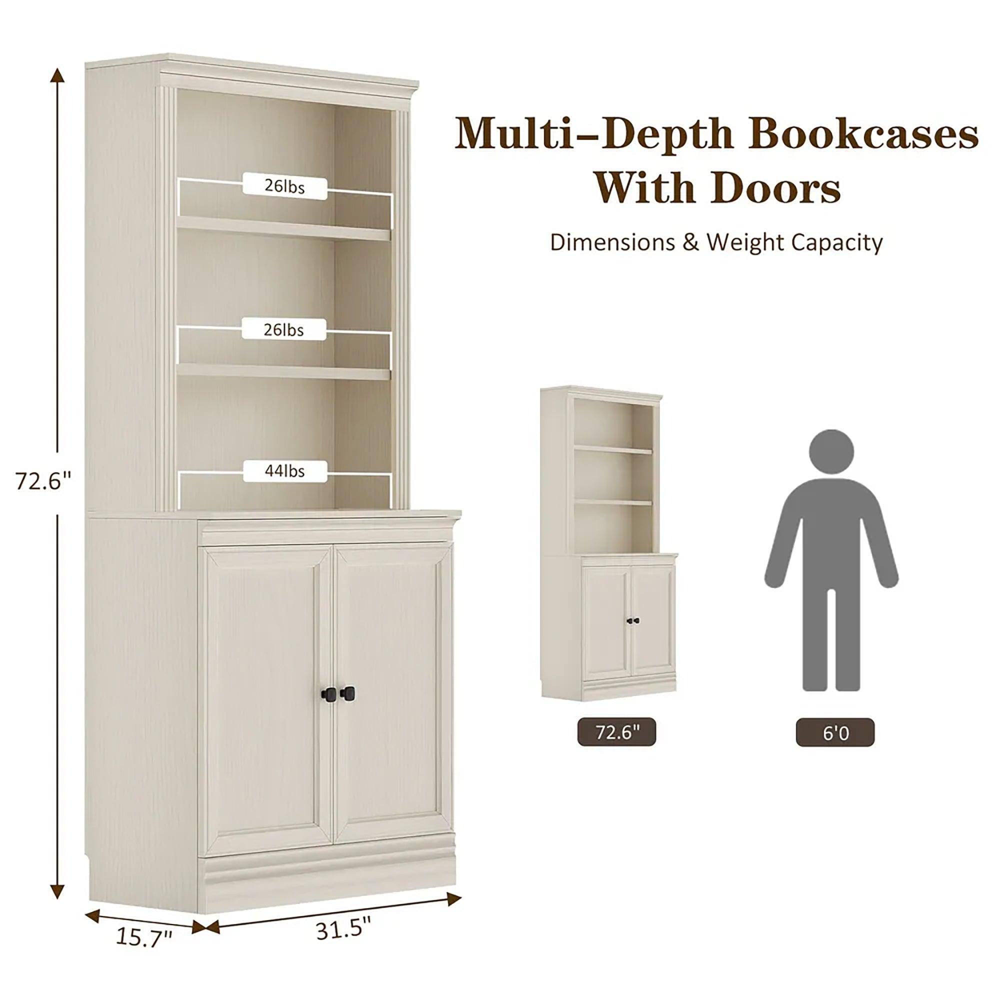 VAUXHILL & CO. Halston Multi-Depth Bookcase, Adjustable Shelving Unit, Doors, Cream