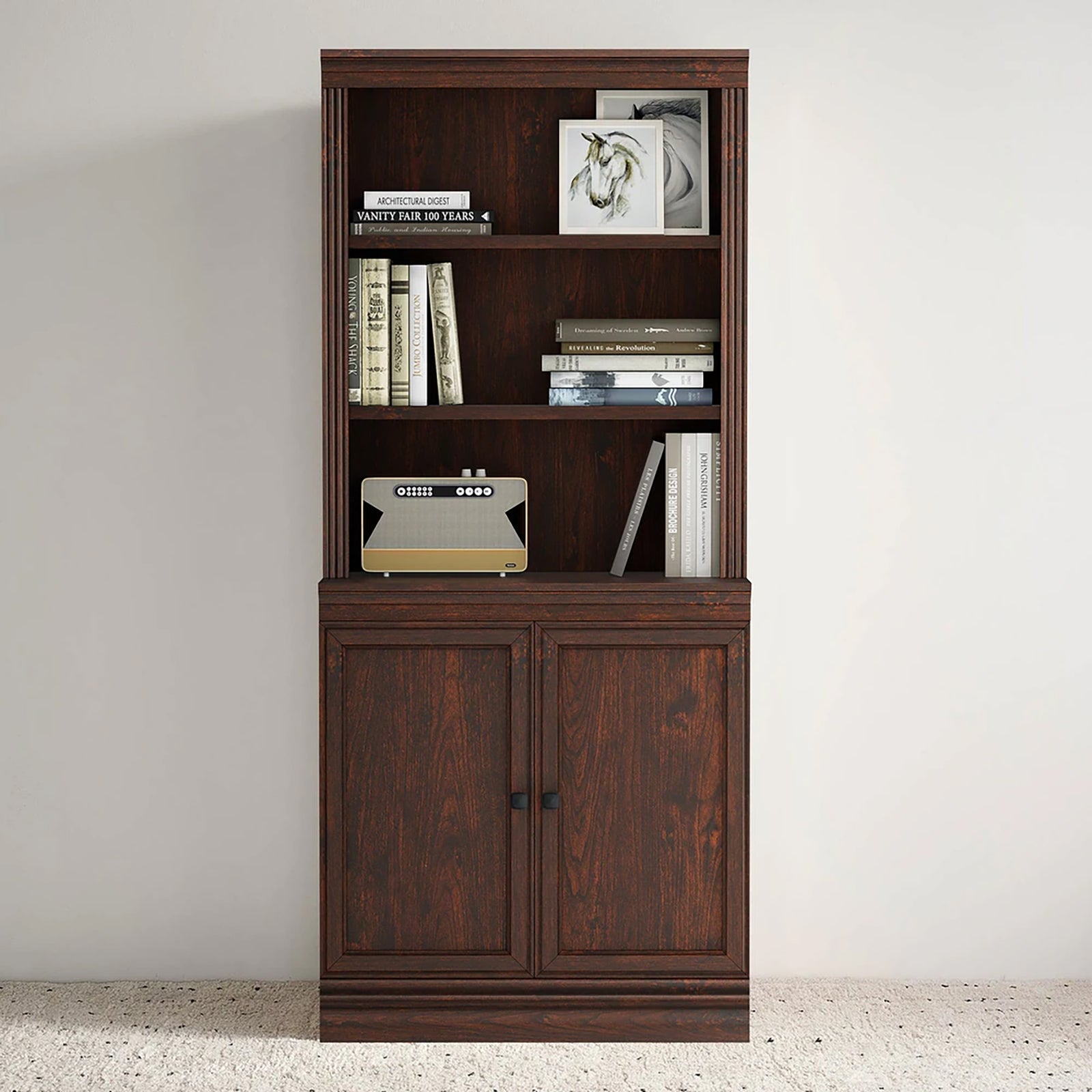 VAUXHILL & CO. Halston Multi-Depth Bookcase Adjustable Shelf Unit, Doors, Cherry - VMInnovations