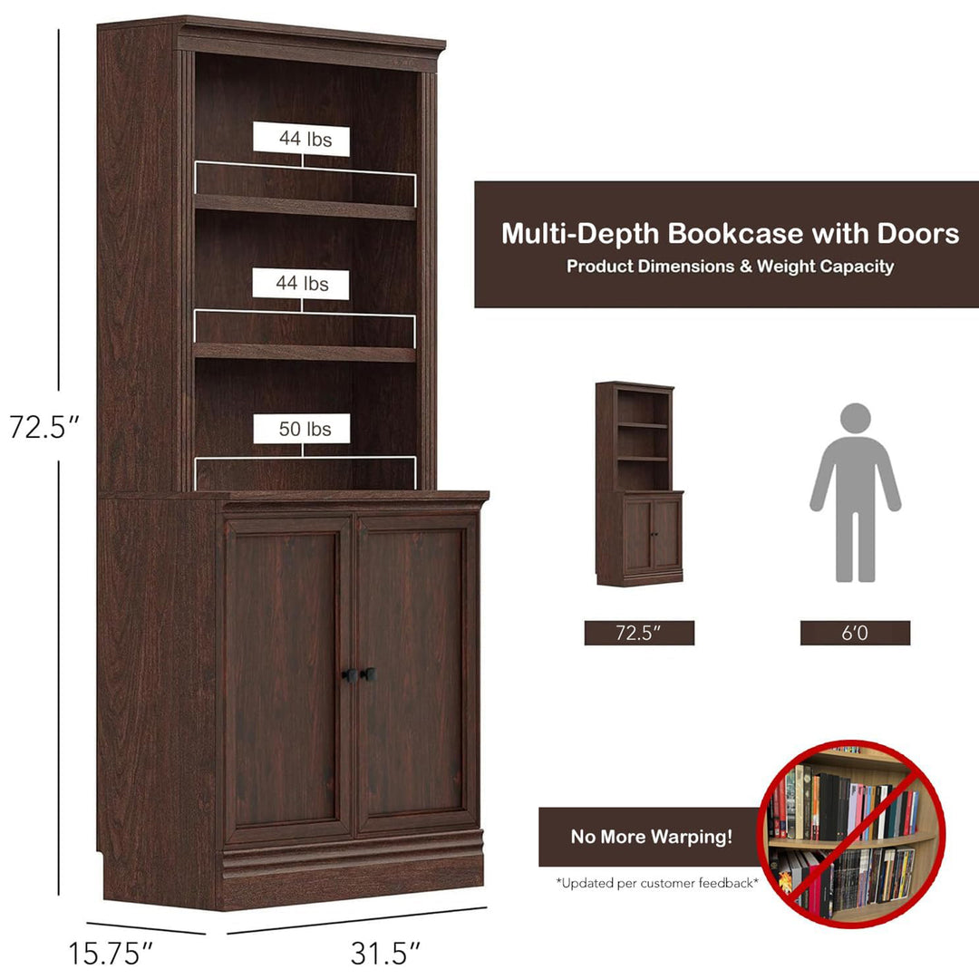 VAUXHILL & CO. Halston Multi-Depth Bookcase Adjustable Shelf Unit, Doors, Cherry