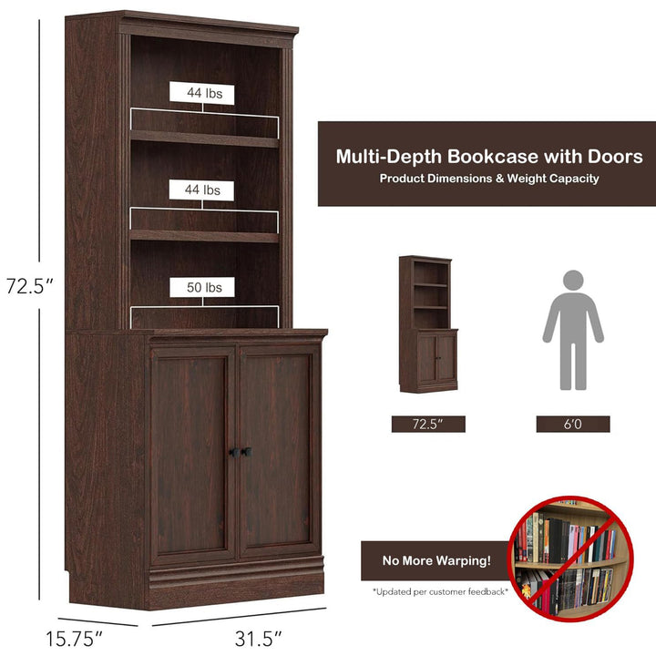 VAUXHILL & CO. Halston Multi-Depth Bookcase Adjustable Shelf Unit, Doors, Cherry