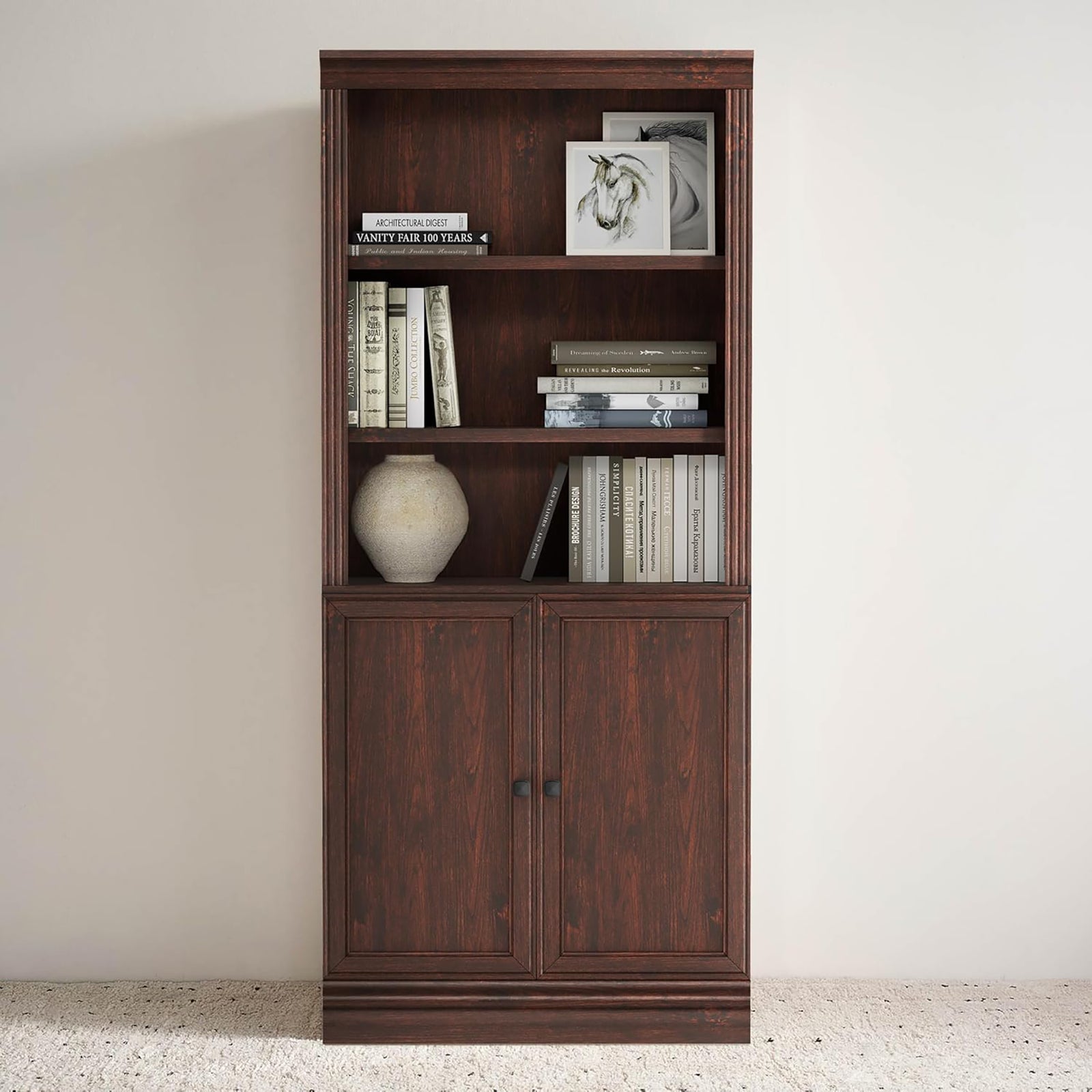 VAUXHILL & CO. Halston Standard Bookcase, Doors, Adjustable Shelf Unit, Cherry - VMInnovations