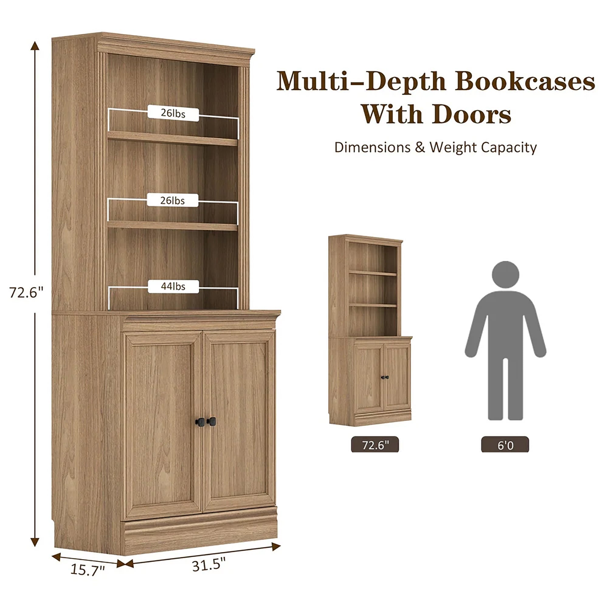VAUXHILL & CO. Multi-Depth Bookcase Adjustable Shelving Unit, Oak (Open Box) - VMInnovations