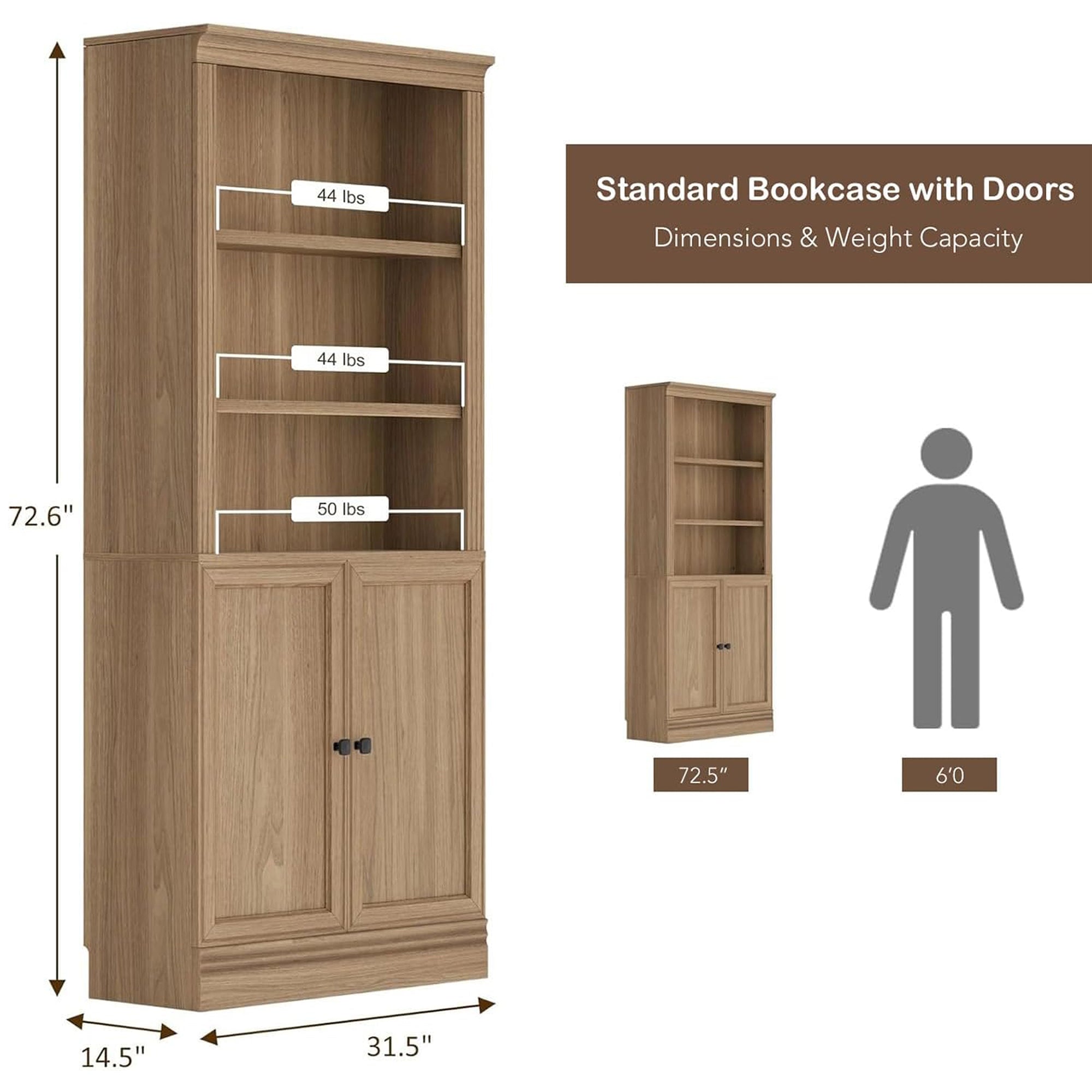 VAUXHILL & CO. Halston Standard Bookcase, Doors, Shelving Unit, Oak (Open Box) - VMInnovations
