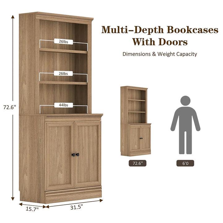 VAUXHILL & CO. Halston Multi-Depth Bookcase Adjustable Shelving Unit, Doors, Oak