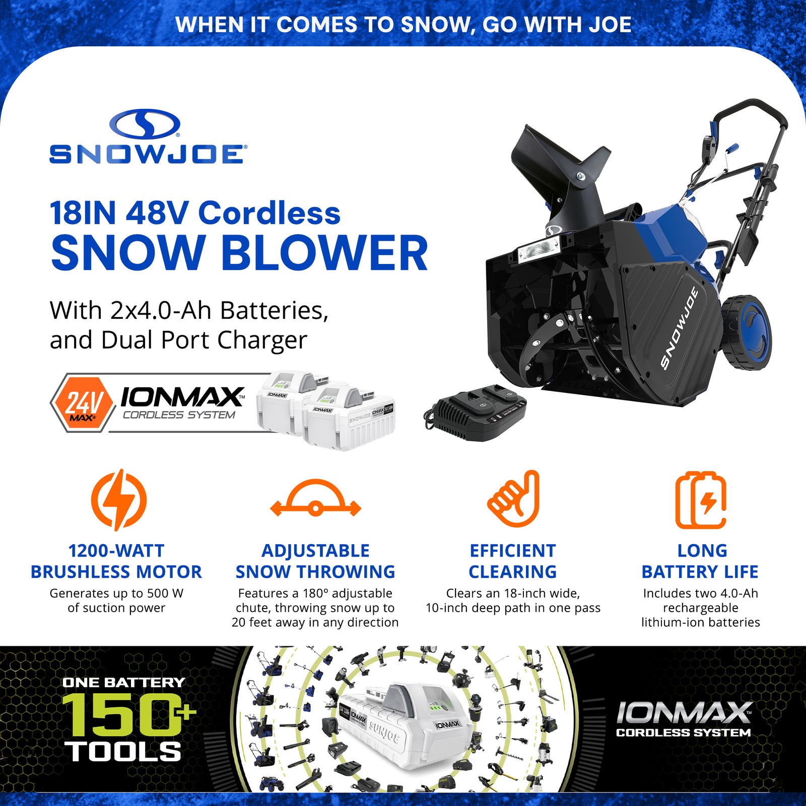 Snow Joe IONMAX 24V Cordless Snow Blower with Electric Engine Type, 24V-X2-SB18 - VMInnovations