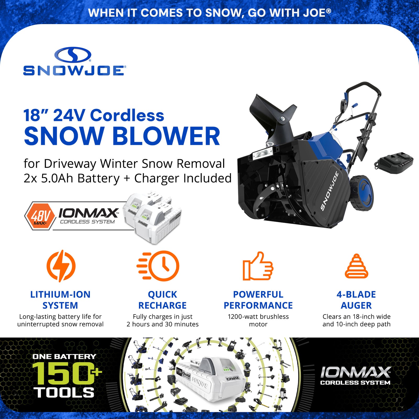 Snow Joe IONMAX 24V Cordless Snow Blower with Electric Engine, 24V-X2-SB18-XR - VMInnovations