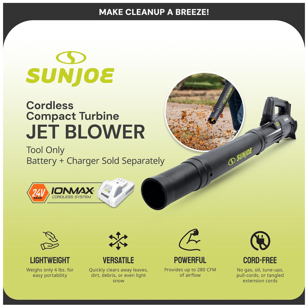Sun Joe 24V Jet Leaf Blower Cordless Compact Turbine (Tool Only), 24V-TB-CT
