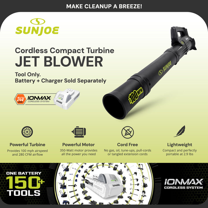 Sun Joe 24V Jet Leaf Blower Cordless Compact Turbine (Tool Only) (Open Box)