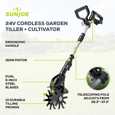 Sun Joe 24V IONMAX Cordless Garden Tiller + Cultivator (Tool Only), 24V-TLR-CT