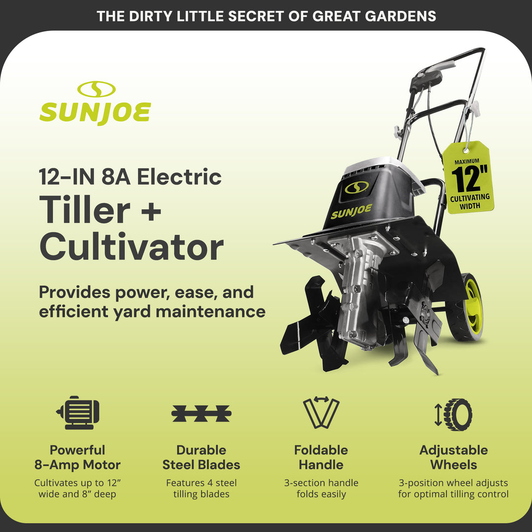 Sun Joe Electric Garden Tiller/Cultivator, 3 Position Height Adjustment, TJ602E
