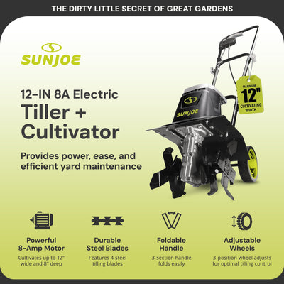 Sun Joe Electric Tiller/Cultivator, 3 Position Height Adjustment (Open Box) - VMInnovations