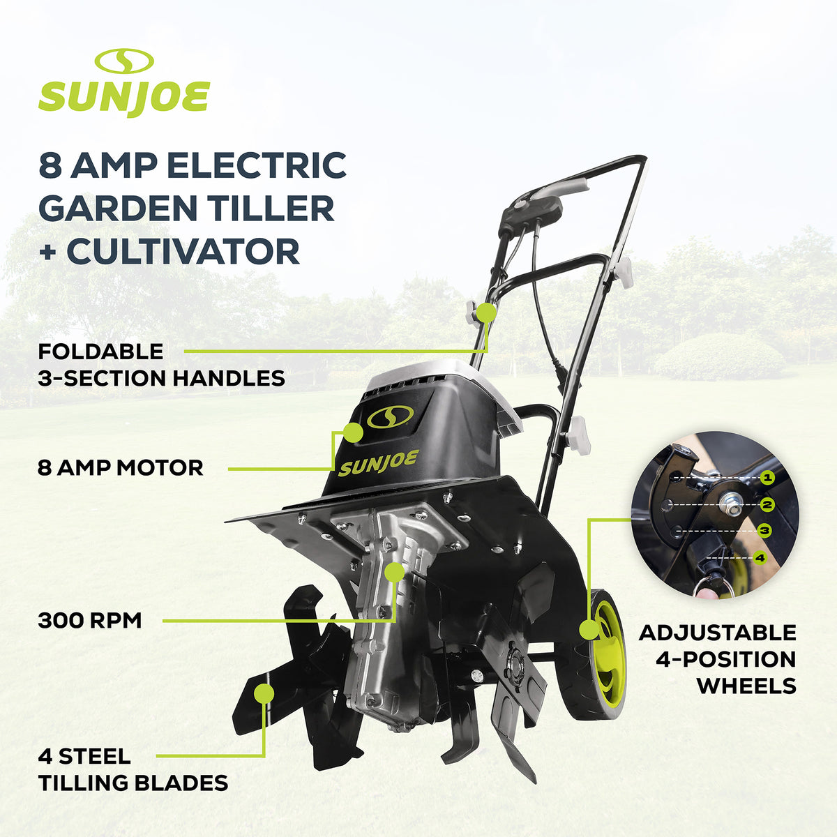 Sun Joe Electric Garden Tiller/Cultivator, 3 Position Height Adjustment, TJ602E