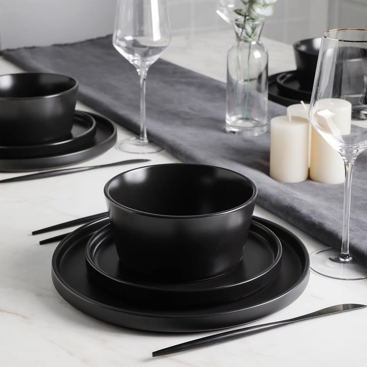 Stone Lain Celina Stoneware 16 Piece Dinnerware Set, Service for 4, Black Matte