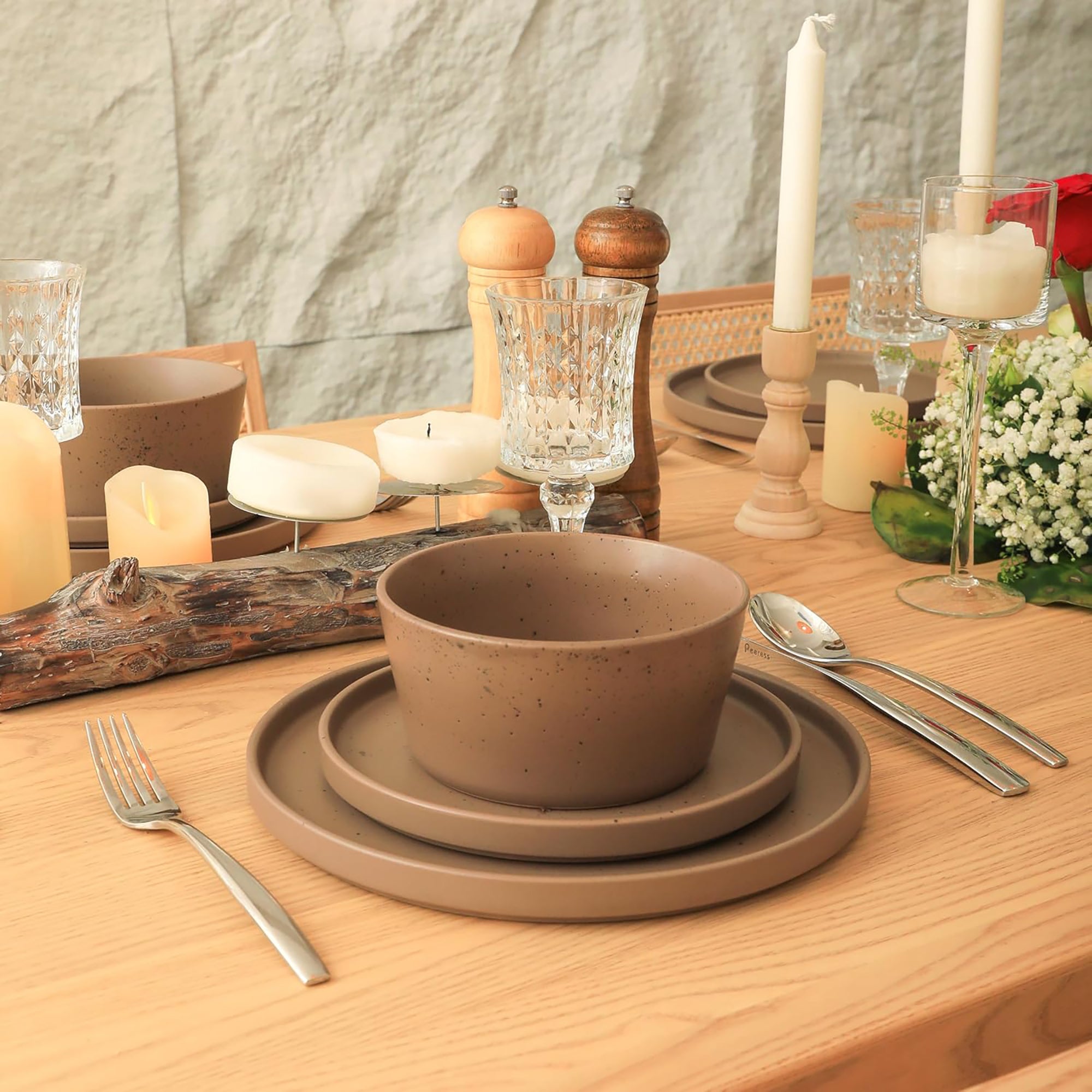 Stone Lain Celina Stoneware 16 Piece Dinnerware Set, Service for 4, Brown Matte - VMInnovations