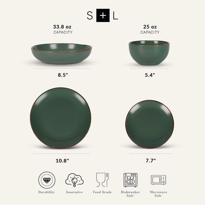 Stone Lain Brasa Modern Stoneware 16 Piece Dinnerware Set, Service for 4, Green