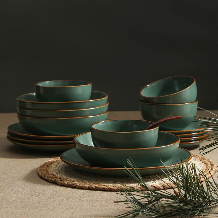Stone Lain Brasa Modern Stoneware 16 Piece Dinnerware Set, Service for 4, Green