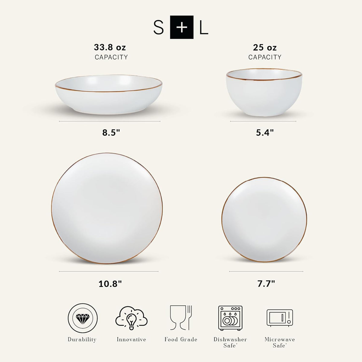 Stone Lain Brasa Modern Stoneware 32 Piece Dinnerware Set, Service for 8, White - VMInnovations