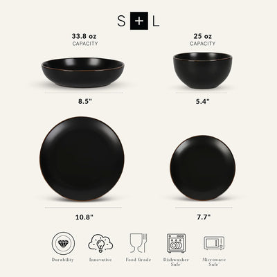 Stone Lain Brasa Modern Stoneware 32 Piece Dinnerware Set, Service for 8, Black - VMInnovations