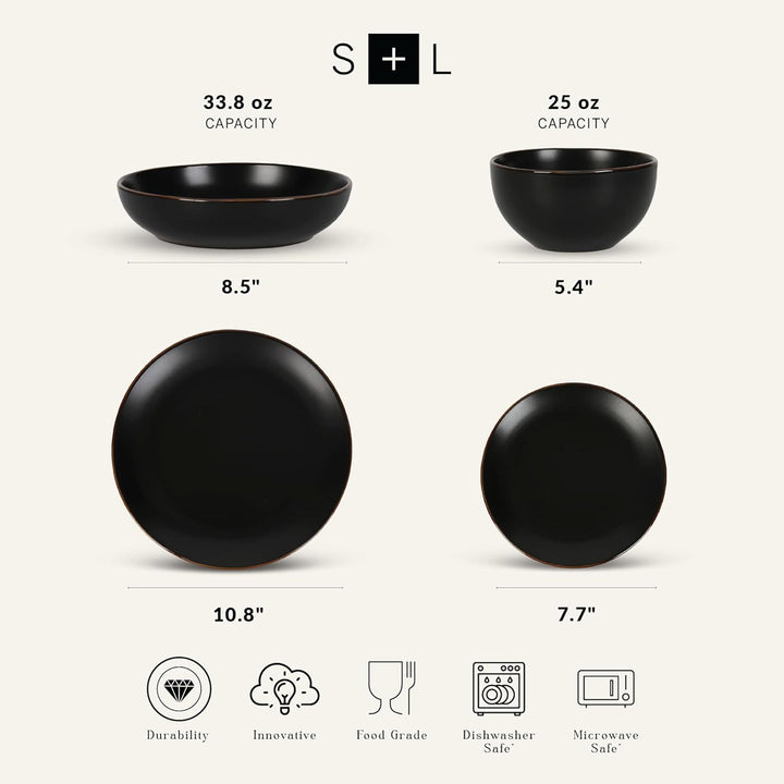 Stone Lain Brasa Modern Stoneware 32 Piece Dinnerware Set, Service for 8, Black