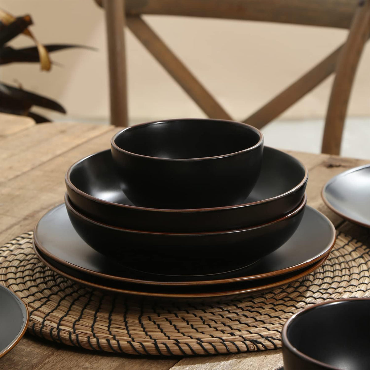 Stone Lain Brasa Modern Stoneware 32 Piece Dinnerware Set, Service for 8, Black - VMInnovations