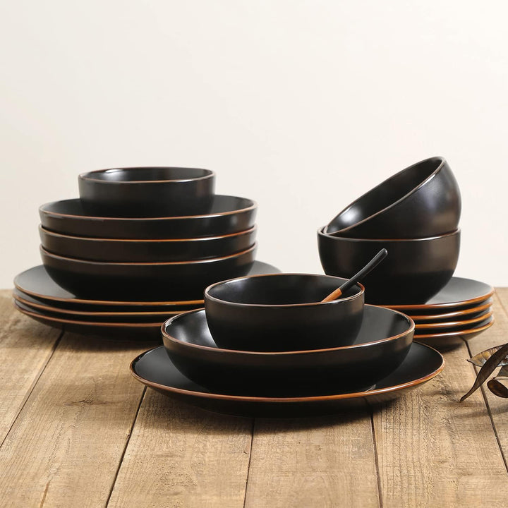 Stone Lain Brasa Modern Stoneware 16 Piece Dinnerware Set, Service for 4, Black