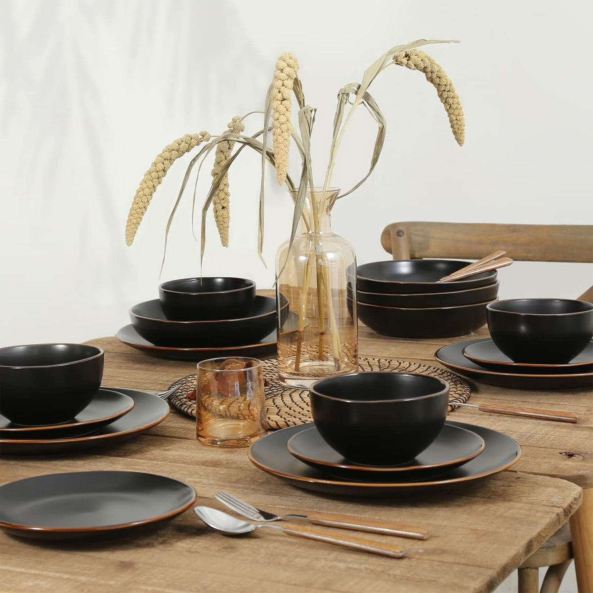 Stone Lain Brasa Modern Stoneware 32 Piece Dinnerware Set, Service for 8, Black - VMInnovations