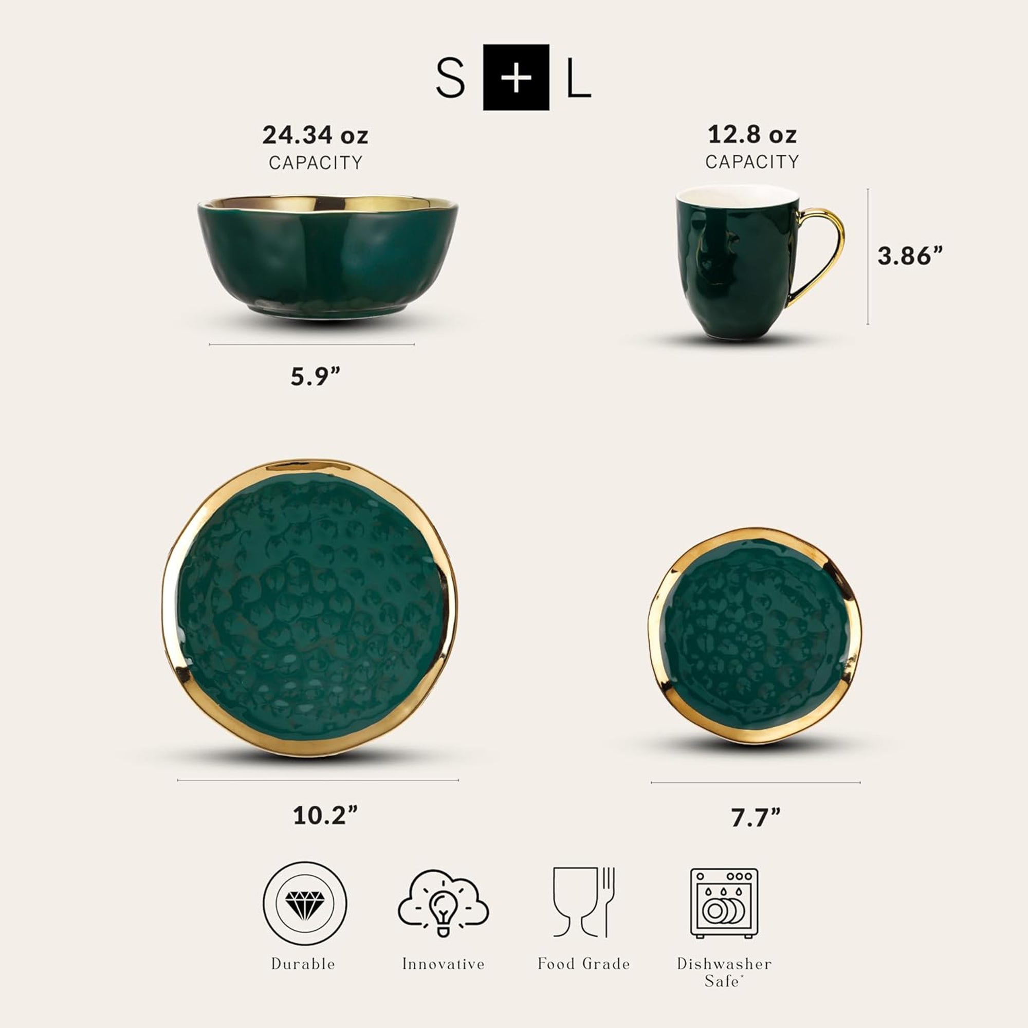 Stone Lain Florian Porcelain 16 Piece Dinnerware Set, Service for 4, Green - VMInnovations