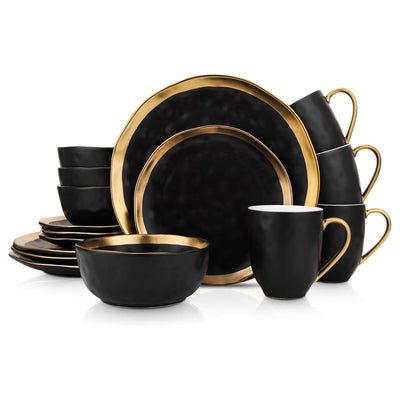 Stone Lain Florian Porcelain 16 Piece Dinnerware Set, Service for 4, Black - VMInnovations
