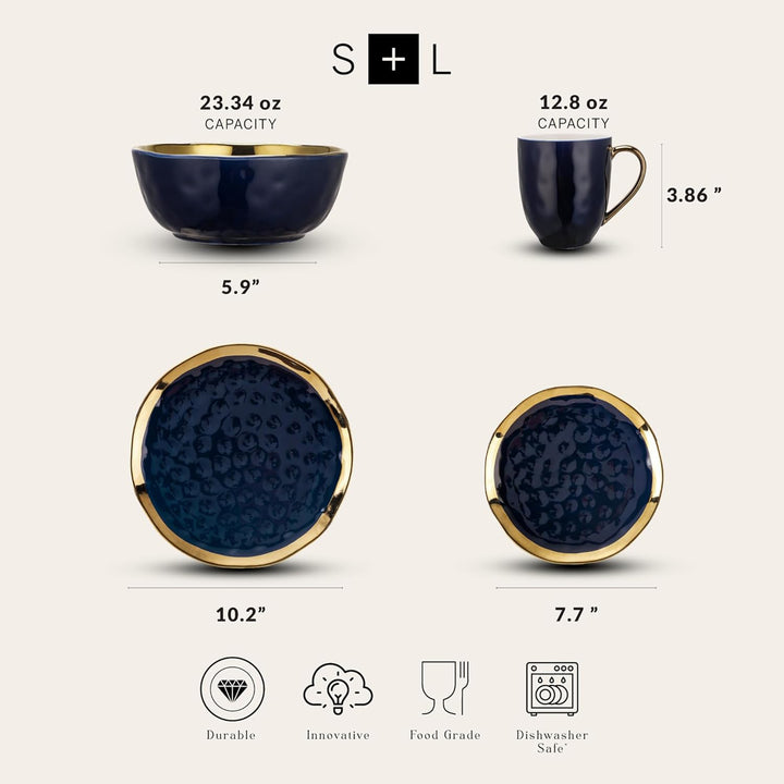 Stone Lain Florian Porcelain 16 Piece Dinnerware Set, Service for 4, Navy Blue