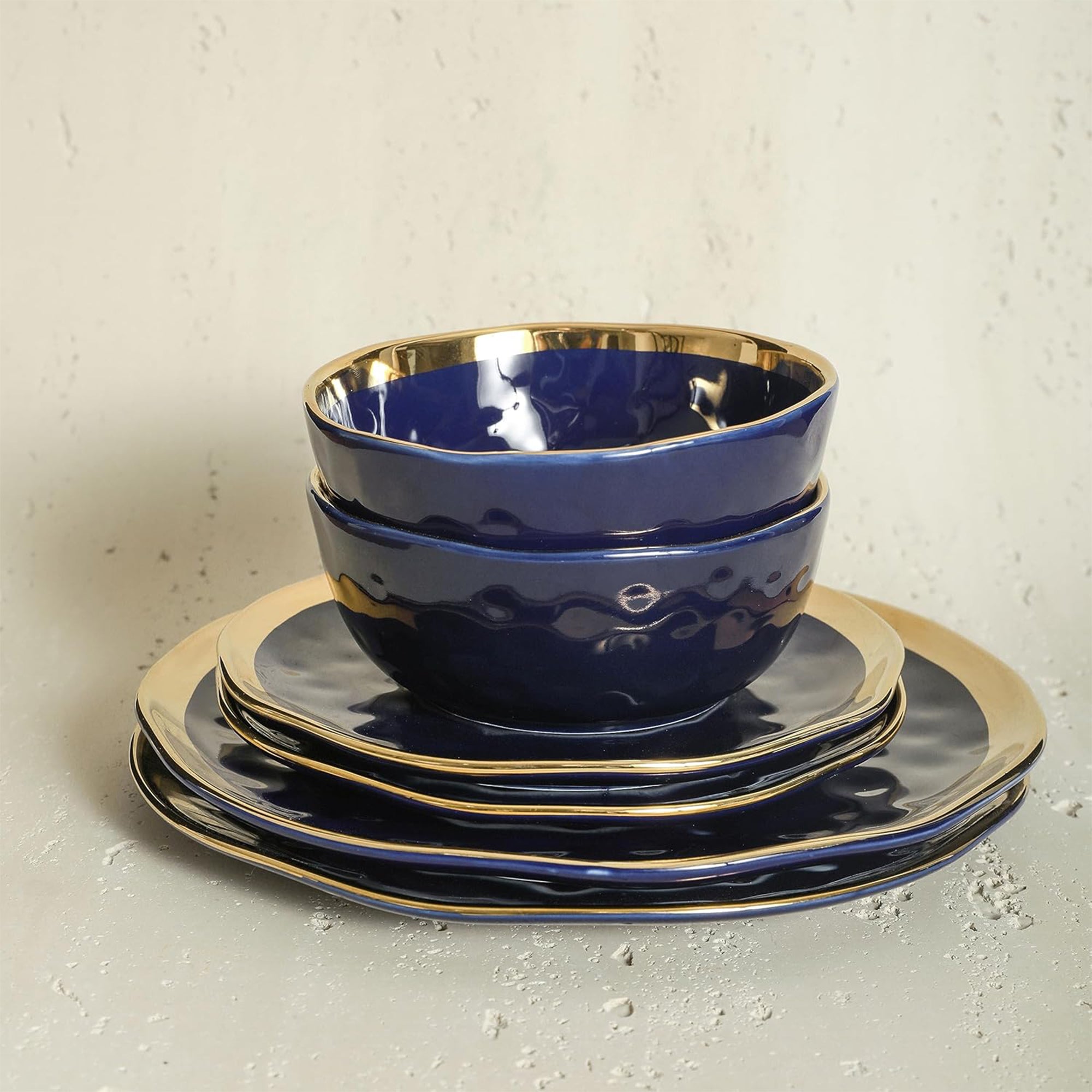 Stone Lain Florian Porcelain 16 Piece Dinnerware Set, Service for 4, Navy Blue - VMInnovations